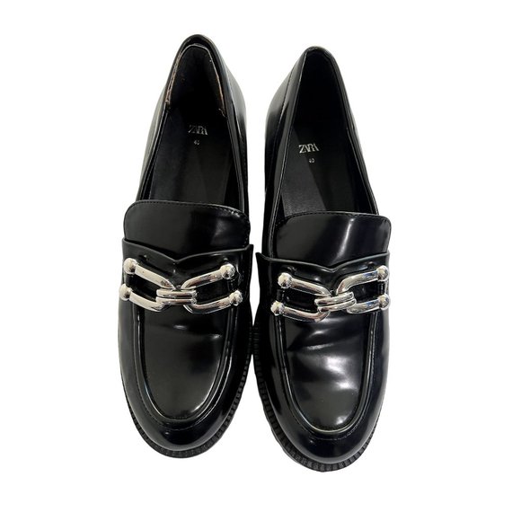 Zara Black Patent MONOLITH Lugsole Platform Loafers w/Silver Accent Sz9 EUR40 - Picture 2 of 11